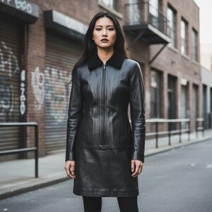 Newport News Black Leather Half Zip Jacket Dress – Size 10 Fuzzy Collar, Pockets